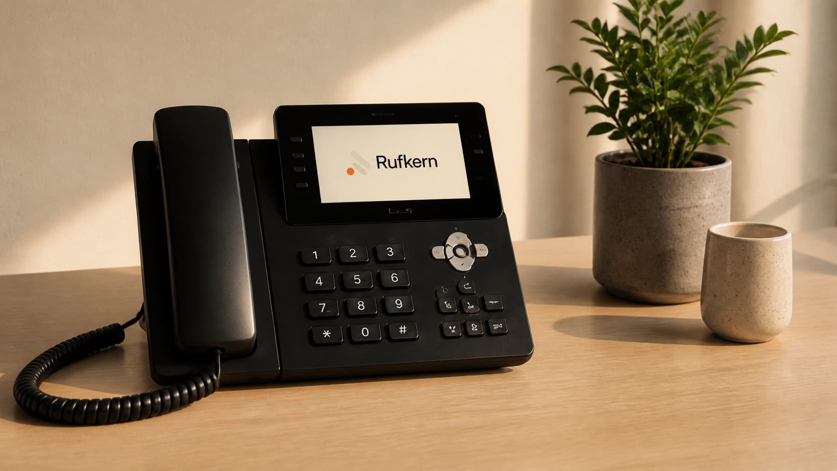 Rufkern-Telefon als symbolische Produktdarstellung auf einem Schreibtisch