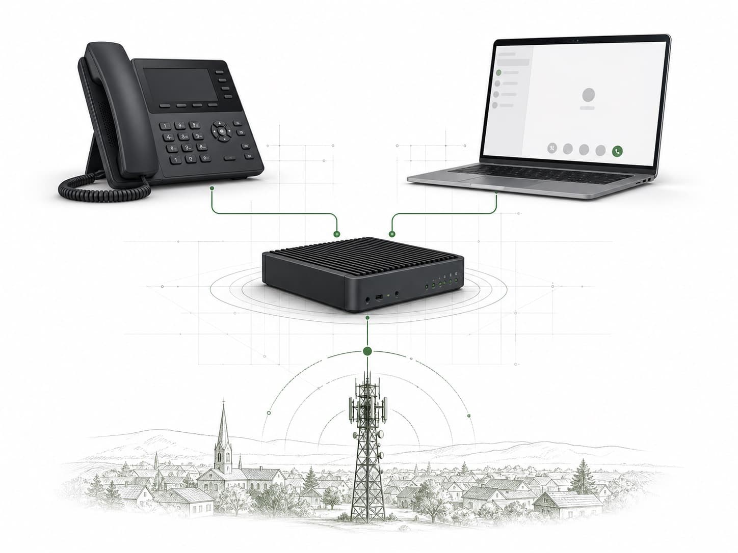 Schematische Geschäftstelefonie mit IP-Telefon, Softphone, Telefonanlage und öffentlichem Telefonnetz