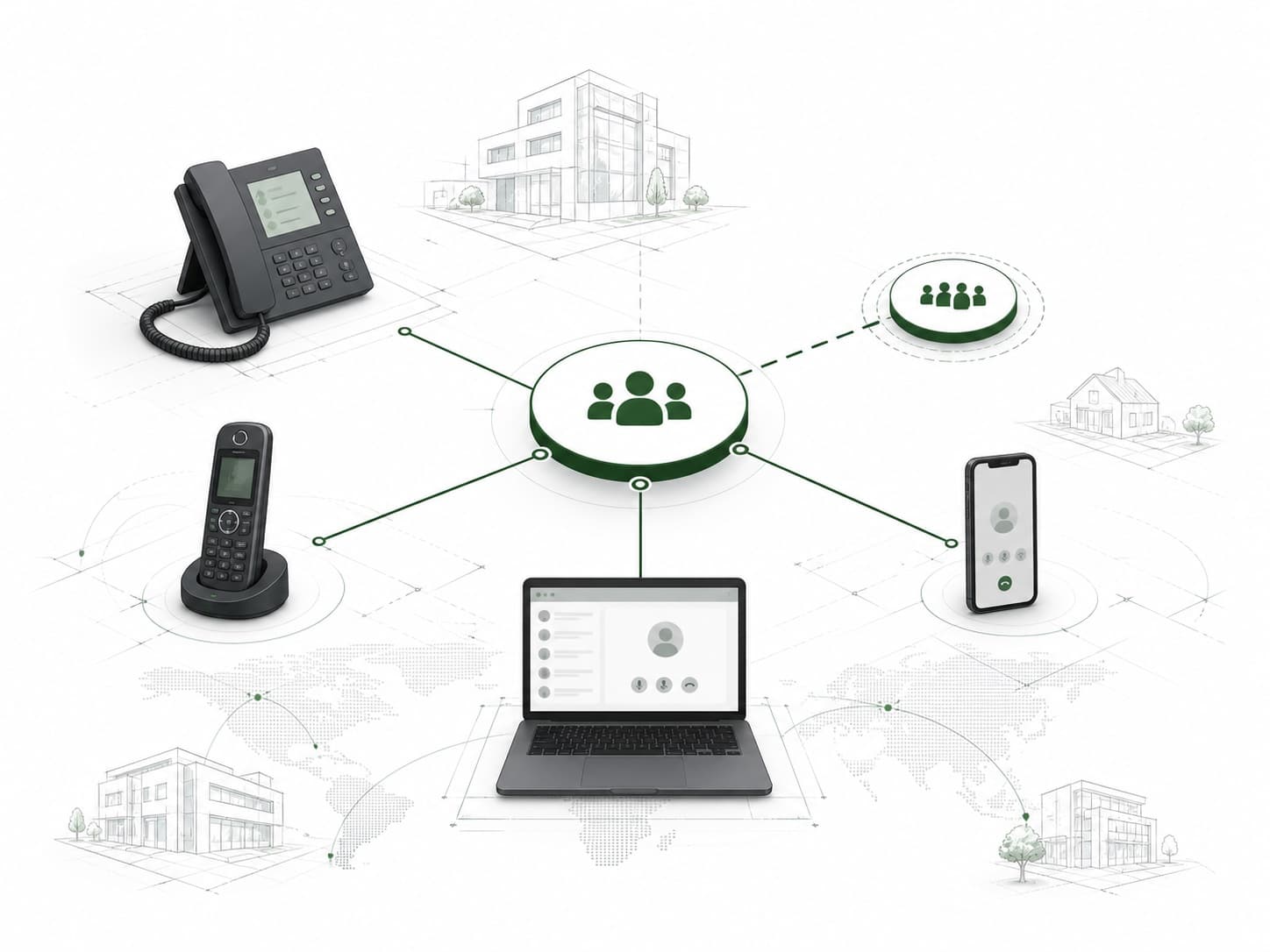 Schematische Darstellung von IP-Telefon, DECT, Softphone und mobiler Telefonie in einer Rufgruppe